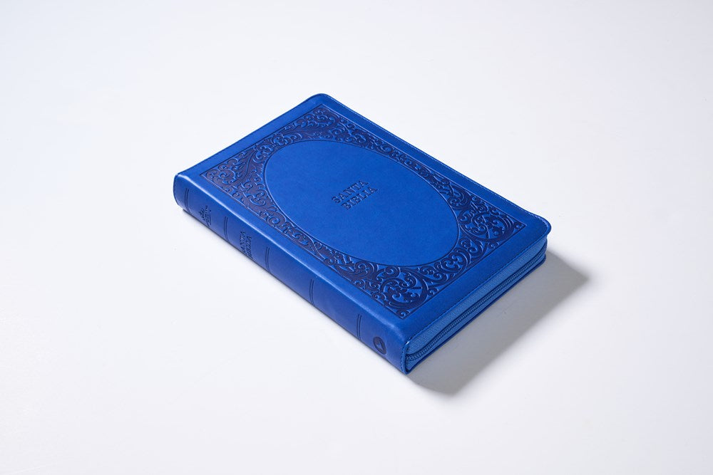 Biblia Reina-Valera 1960, Tierra Santa, Ultrafina letra grande, Imición piel Azul, con cierre