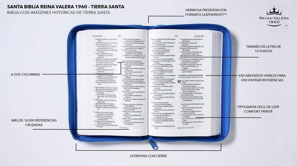 Biblia Reina-Valera 1960, Tierra Santa, Ultrafina letra grande, Imición piel Azul, con cierre