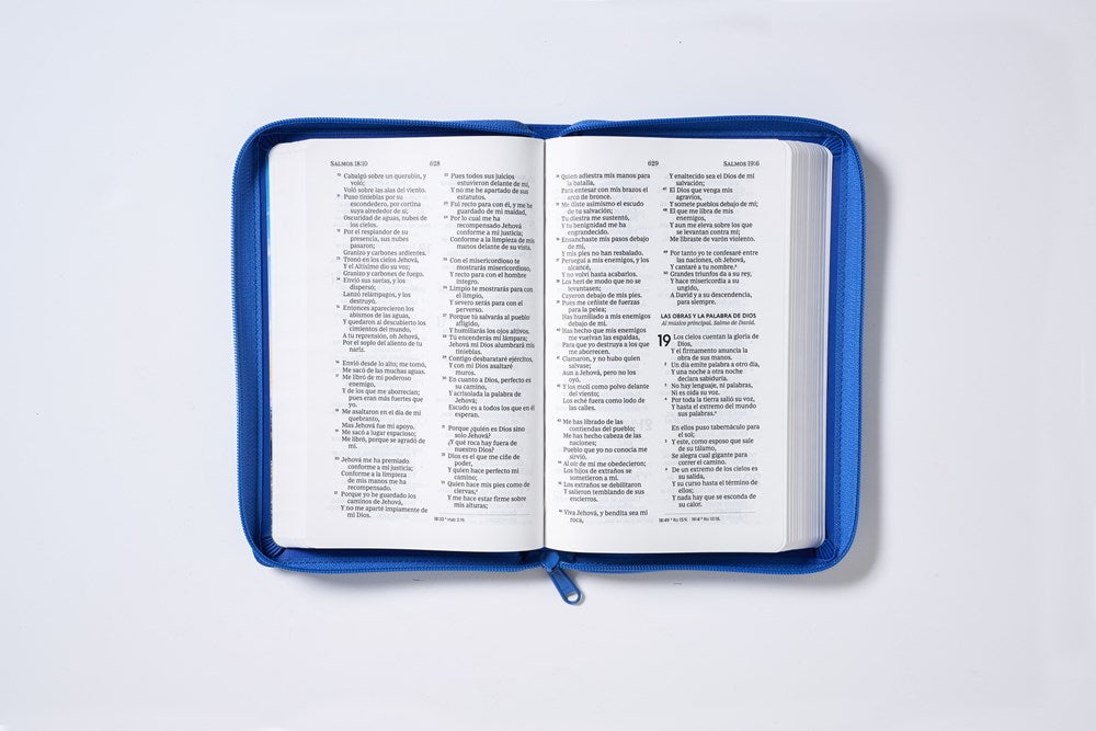 Biblia Reina-Valera 1960, Tierra Santa, Ultrafina letra grande, Imición piel Azul, con cierre