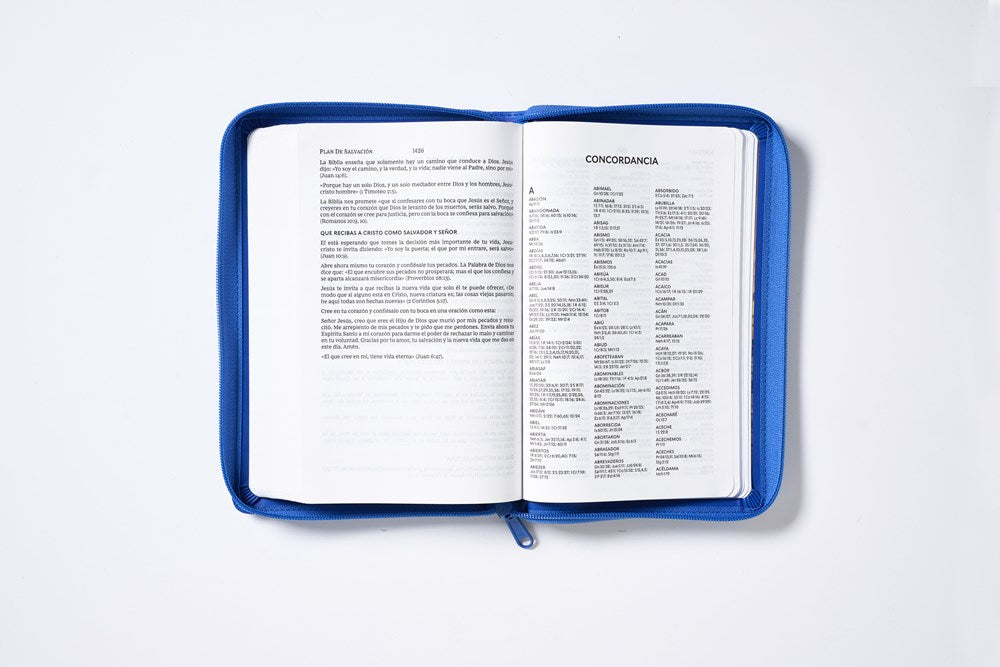 Biblia Reina-Valera 1960, Tierra Santa, Ultrafina letra grande, Imición piel Azul, con cierre