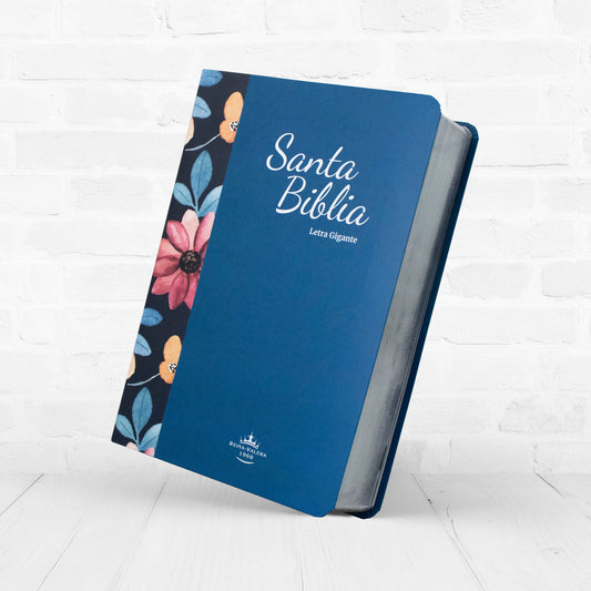 BIBLIA REINA VALERA 1960 PIEL AZUL BORDE FLOREADO LETRA GIGANTE