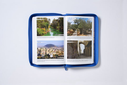 Biblia Reina-Valera 1960, Tierra Santa, Ultrafina letra grande, Imición piel Azul, con cierre