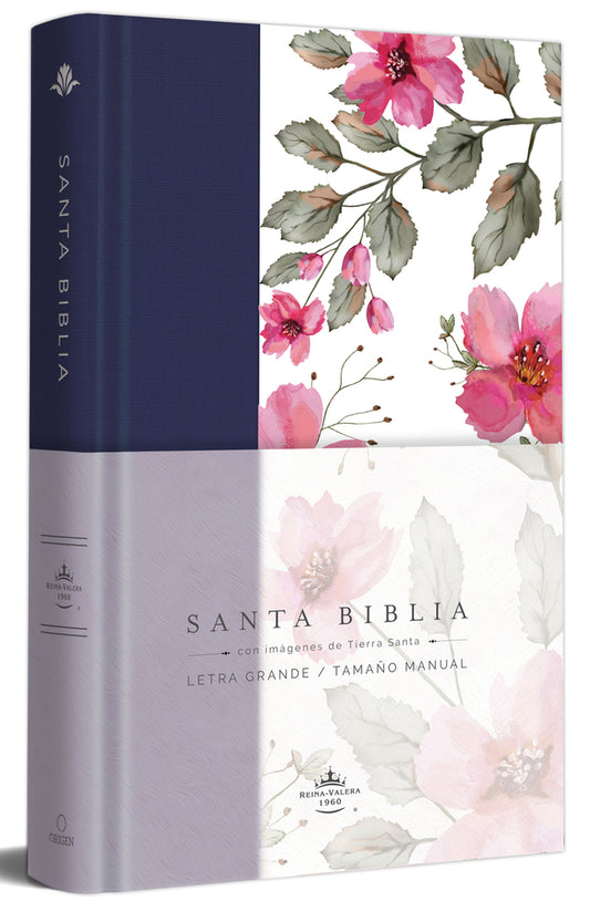 BIBLIA RVR1960 TAMAÑO MANUAL LETRA GRANDE - TAPA DURA TELA AZUL PÚRPURA CON FLORES