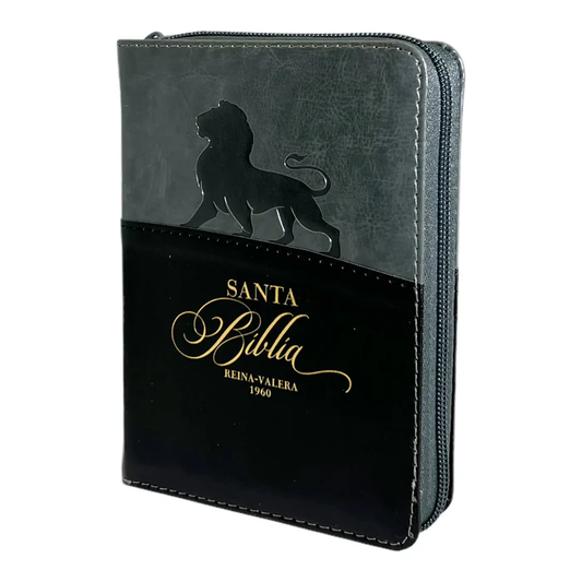Biblia Reina Valera 1960 de bolsillo Imitación Piel Negro/Gris con León con Cierre e índice