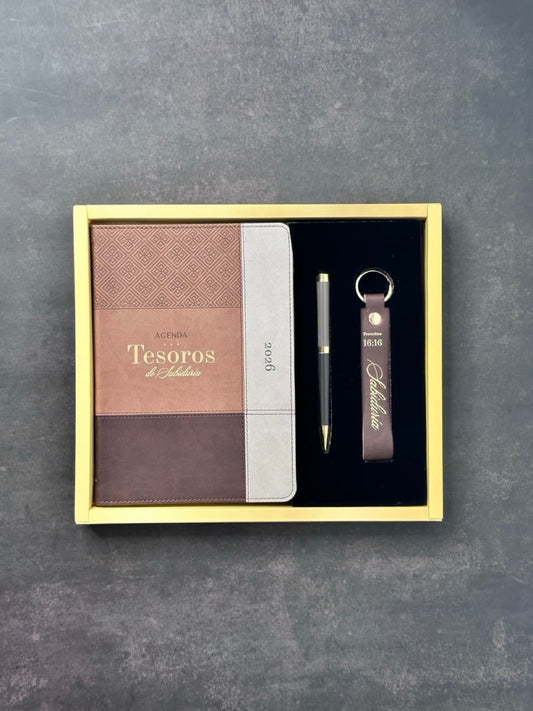 Agenda Tesoros de Sabiduría 2026 i/piel café pack con llavero y bolígrafo